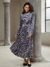 Chic Velvet Floral Print Dress with Stand Collar and Metal Buttons for Elegant Autumn Wear