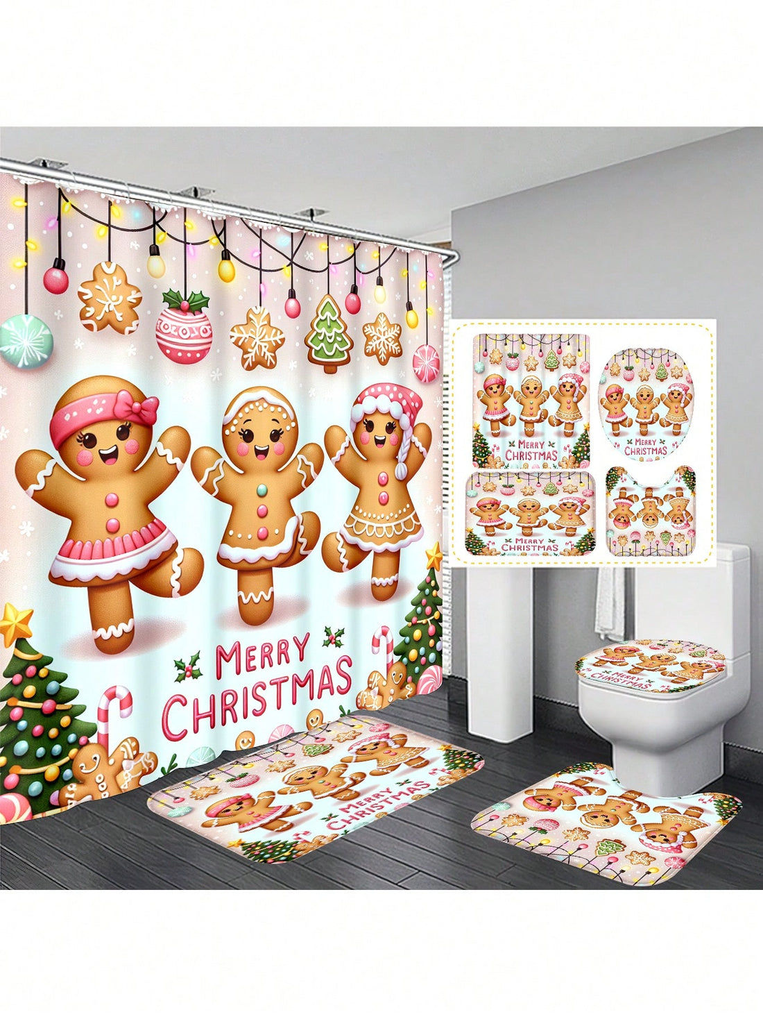 Bring holiday cheer to your bathroom with our Festive Holiday Bathroom Set! This set includes a waterproof shower curtain, 12 hooks, and non-slip mats for a complete Christmas makeover. Transform your bathroom into a winter wonderland and make your guests feel right at home. (Shower rod and towels not included.)