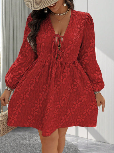 Chic Floral Print Plus Size Lace-Up Mini Dress with Long Sleeves