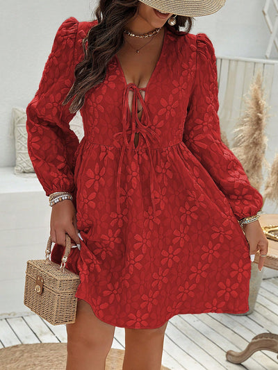 Chic Floral Print Plus Size Lace-Up Mini Dress with Long Sleeves