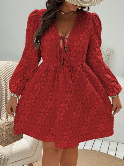 Chic Floral Print Plus Size Lace-Up Mini Dress with Long Sleeves