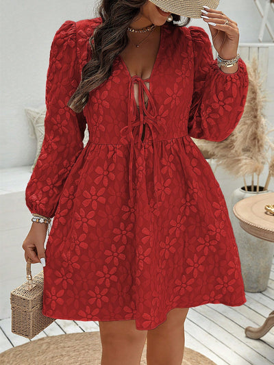 Chic Floral Print Plus Size Lace-Up Mini Dress with Long Sleeves