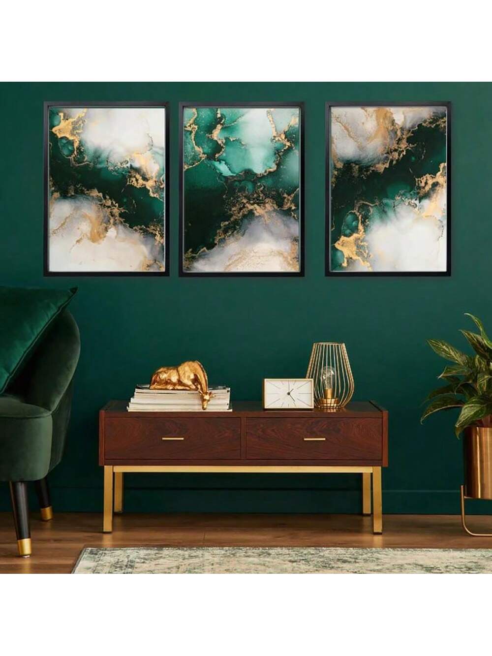 Transform your living space with this playful yet sophisticated 3-piece wall art set! Swirling emerald green and gold fluid ink patterns dance across each unframed poster, creating a conversation-starting focal point that adds a splash of luxury to any room. Perfect for those who want to inject personality and vibrant energy into their home décor without committing to permanent changes!