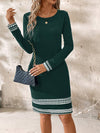 Elegant Contrast Color Geometric Print Long Sleeve Fitted Dress for Spring & Autumn