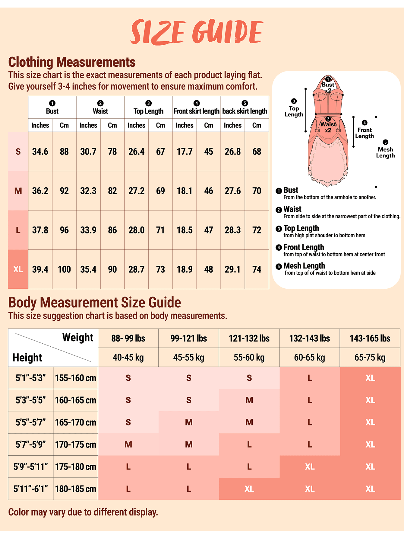 Size chart for women’s pirate costume dress in S through XL