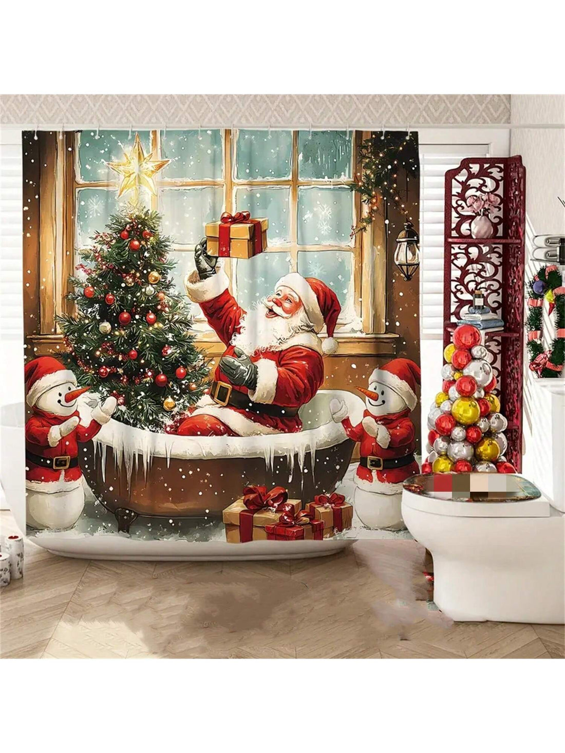 Transform your bathroom into a winter wonderland with the Joyful Holiday Vibes shower curtain. Featuring cheerful Santa, snowmen, and trees, this waterproof curtain will bring joy and whimsy to your daily routine. Enjoy a festive shower experience with the ultimate holiday vibes.
