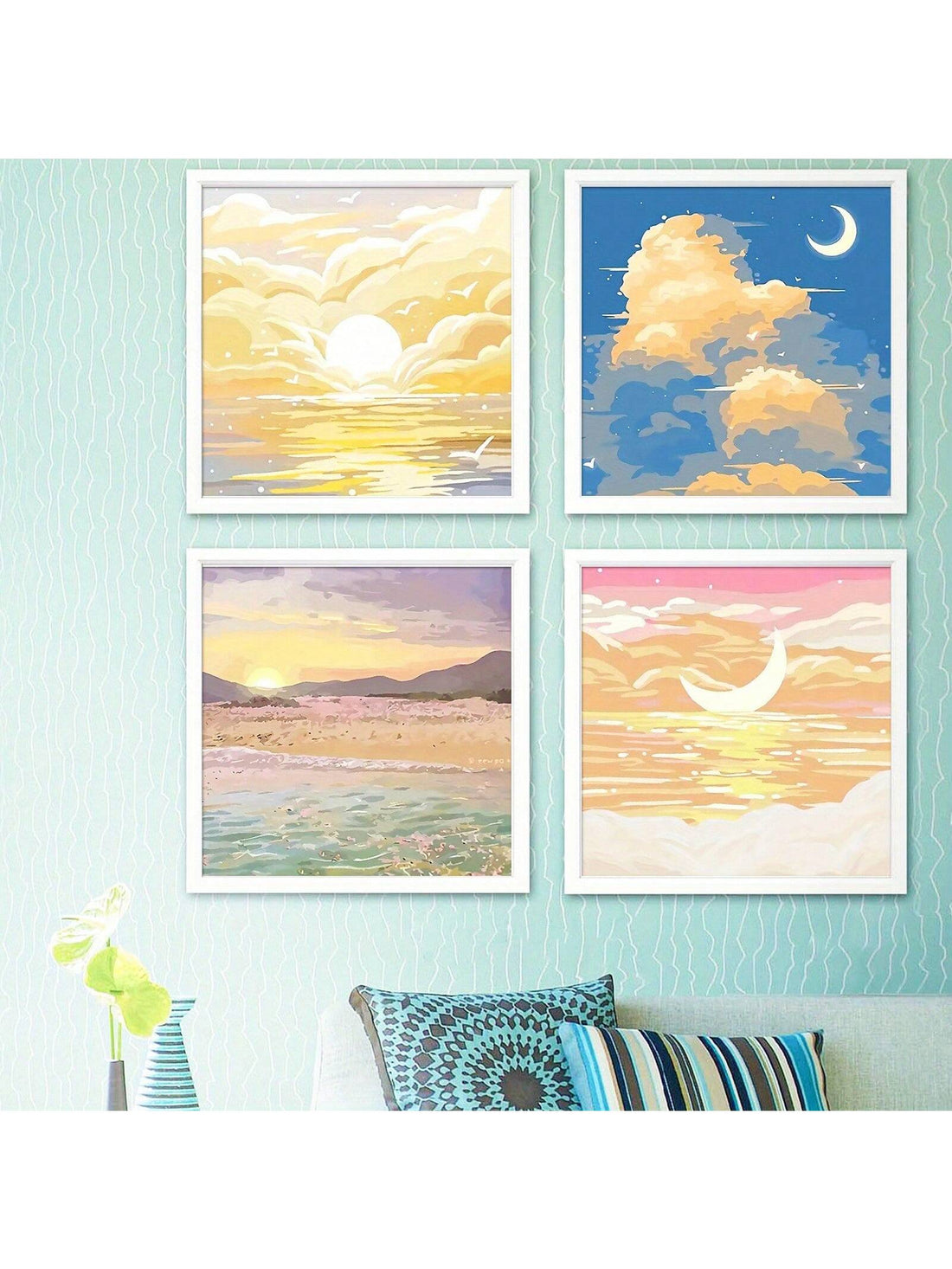 Enhance the serenity in your living space with Celestial Harmony: a 4-piece canvas wall art set featuring stunning sun and moon designs. These expertly crafted pieces bring balance and harmony to any room, showcasing the beauty of the celestial bodies. Made with high-quality canvas for long-lasting appeal.