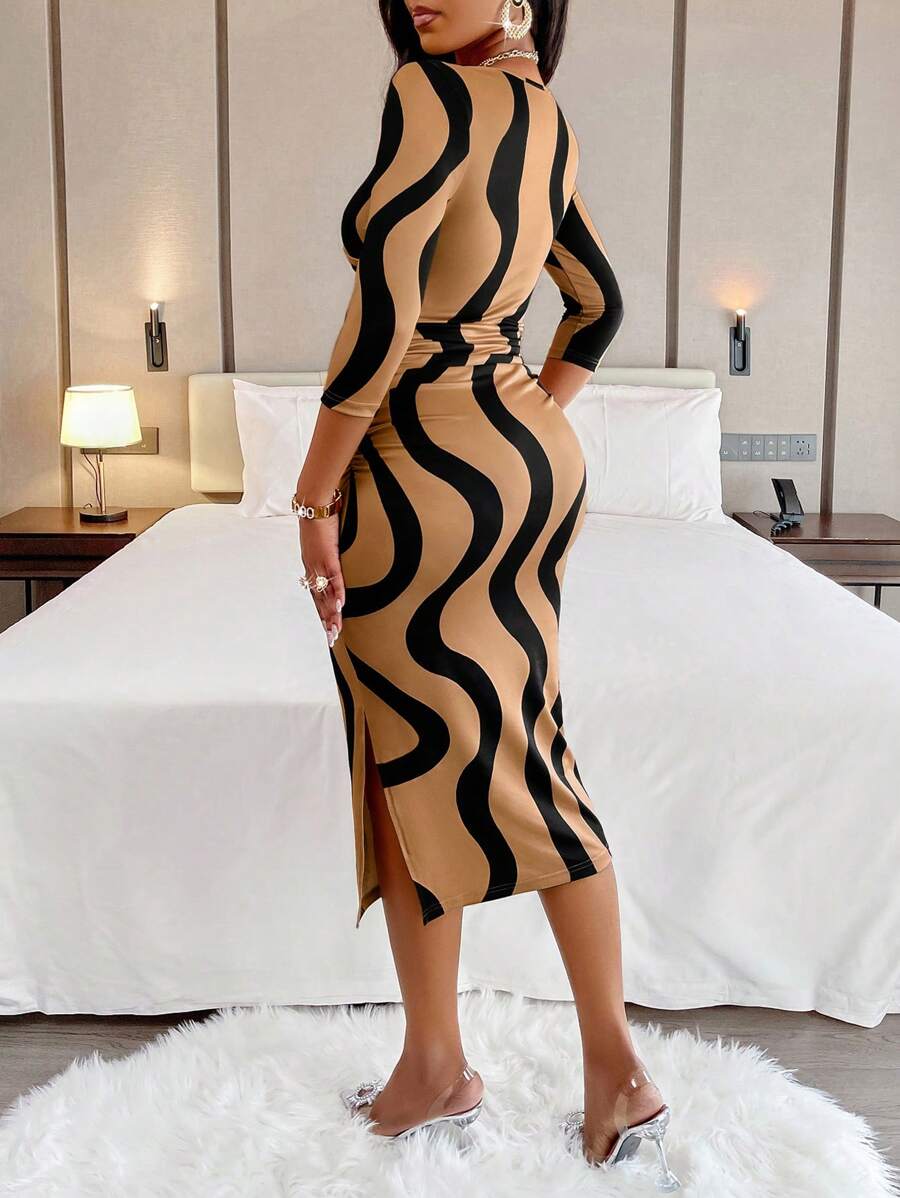 Make waves in this stunning bodycon dress that hugs your curves in all the right ways. The eye-catching wave print adds movement and visual interest, while the flattering V-neck and crisscross detail create a chic focal point. Three-quarter sleeves offer the perfect balance of coverage and style, making it ideal for day-to-night transitions. Whether you're heading to brunch or a night out, this dress delivers effortless sophistication with a fun, flirty edge. Turn heads and feel confident in every step.