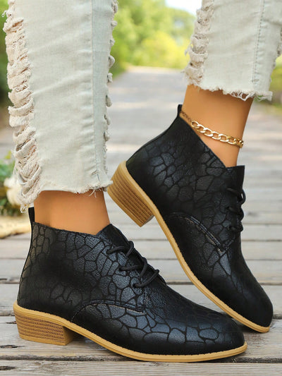 Chic & Versatile Women's Black Low Heel Lace-Up Boots - Perfect for Work & Autumn-Winter Style