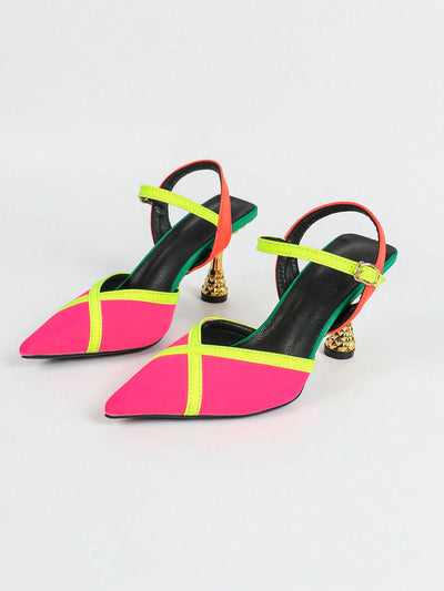 Chic European Style Color Block Stiletto Slingback Sandals for Elegant Events