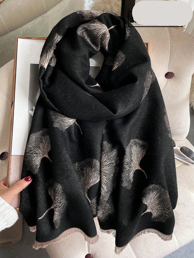 Cozy Ginkgo Leaf Jacquard Scarf – Stylish Faux Cashmere Shawl for Autumn & Winter