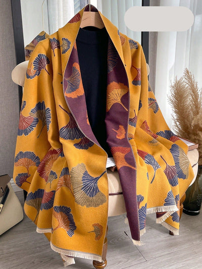 Cozy Ginkgo Leaf Jacquard Scarf – Stylish Faux Cashmere Shawl for Autumn & Winter