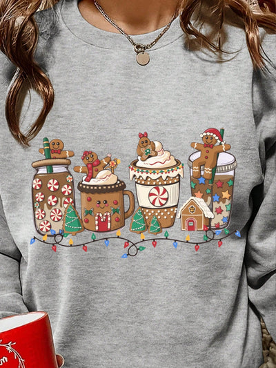 Cozy Christmas Cartoon Fleece Sweatshirt: Fun Holiday Drink Print