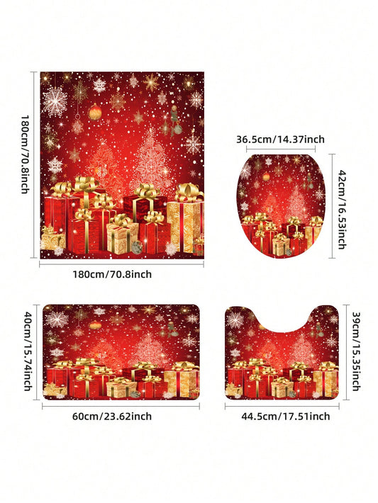 Festive Snow Pattern Christmas Shower Curtain Set - Complete Bathroom Accessory with Waterproof Curtain, 12 Hooks, Non-Slip Bath Mat & Toilet Cover