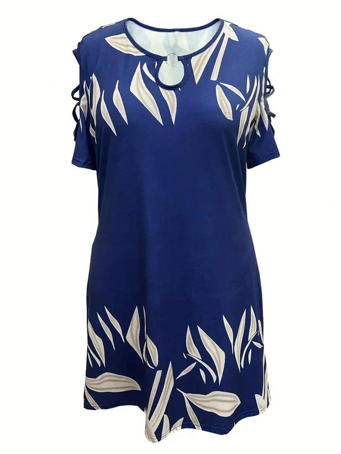 Be the leaflest diva in town with this elegant plus size dress! Featuring a stylish leaf print and decorative cut-out sleeves, this dress will have you standing out from the crowd. Perfect for any occasion, embrace your unique style with this one-of-a-kind piece. Size up and slay!