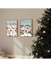 Winter Village Bliss: Set of 2 Unframed Retro Snowy Landscape Posters for Cozy Home Decor