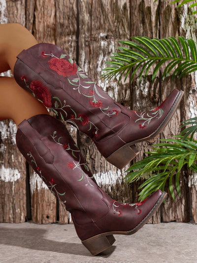 Chic Embroidered Wedge Slip-On Boots - Versatile Solid Color Footwear for Every Occasion