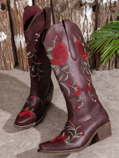 Chic Embroidered Wedge Slip-On Boots - Versatile Solid Color Footwear for Every Occasion