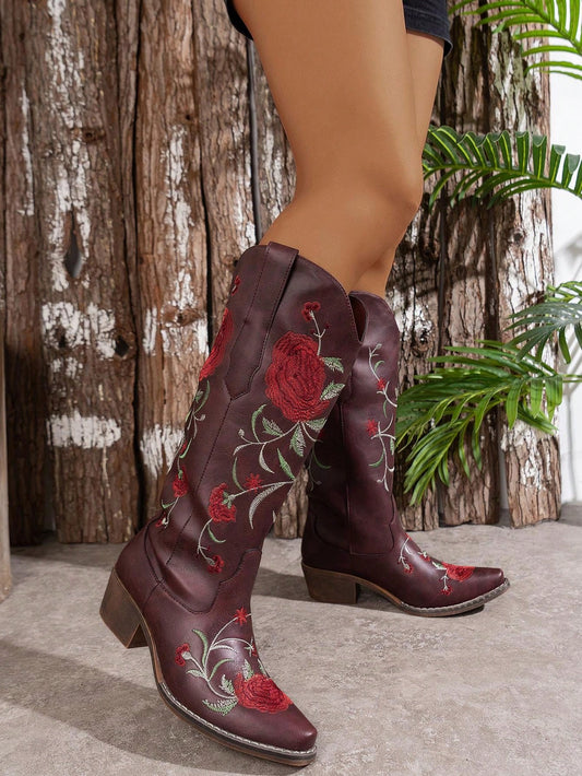 Chic Embroidered Wedge Slip-On Boots - Versatile Solid Color Footwear for Every Occasion