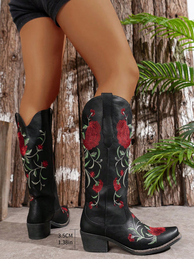 Chic Embroidered Wedge Slip-On Boots - Versatile Solid Color Footwear for Every Occasion