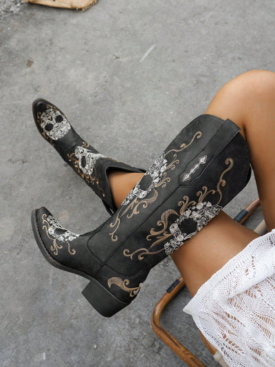 Chic Embroidered Wedge Slip-On Boots - Versatile Solid Color Footwear for Every Occasion