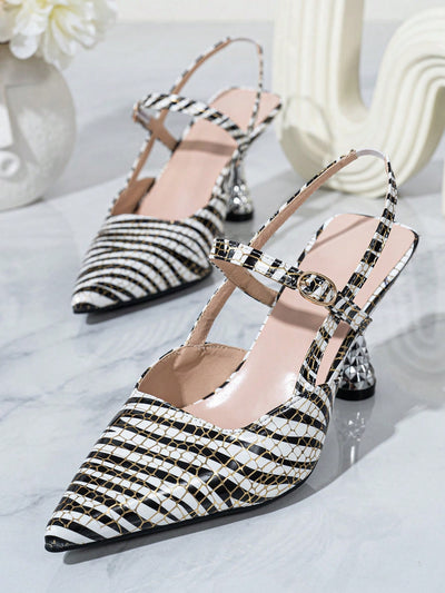 Chic Zebra Print Pointed Toe Stiletto Heels with Elastic Bands - Elegant Backless Design