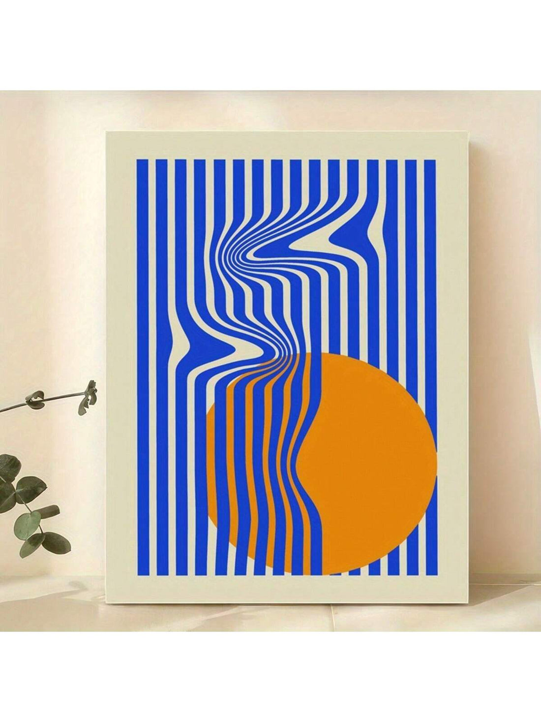 This high-quality canvas art features a modern and minimalist design with geometric elements in vibrant blue and orange tones. The abstract illusion adds a touch of intrigue and sophistication to any space. Elevate your decor with this unique and eye-catching piece.