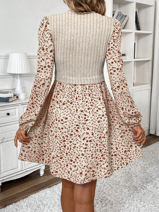 Elegant Floral Print Ribbed Stand Collar Dress for Women