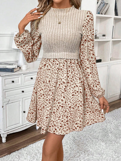 Elegant Floral Print Ribbed Stand Collar Dress for Women