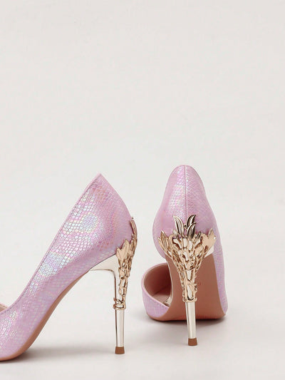 Elegant Metallic Floral Cutout Stilettos: Chic Pointed Toe Heels for Weddings & Special Occasions