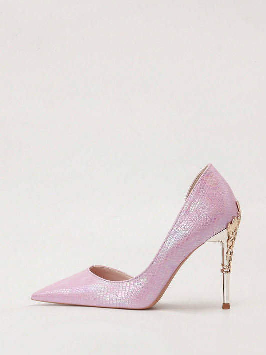 Elegant Metallic Floral Cutout Stilettos: Chic Pointed Toe Heels for Weddings & Special Occasions