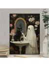 Spooky Whimsy: Cute Ghost & Black Cat Bathroom Canvas Art Print