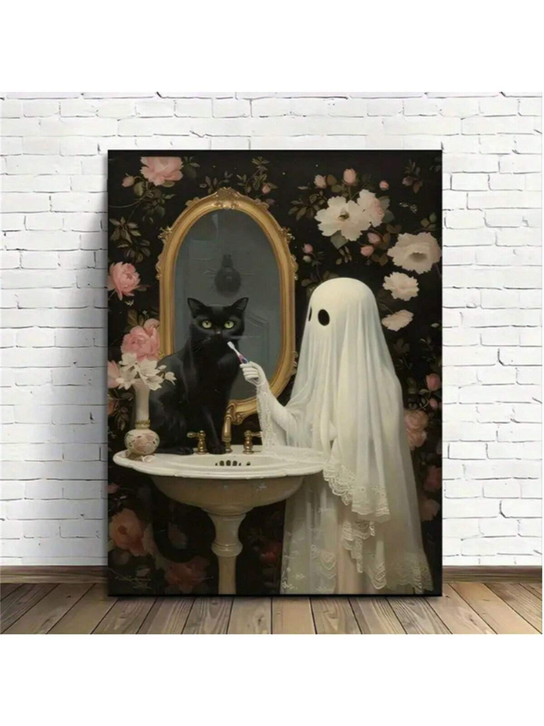Introducing our Spooky Whimsy Bathroom Canvas Art Print! Featuring a cute ghost and black cat design, this print is perfect for adding a touch of fun to your bathroom decor. The high-quality canvas material adds a whimsical touch, making it a must-have for any spooky lover.