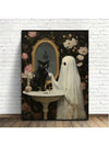 Spooky Whimsy: Cute Ghost & Black Cat Bathroom Canvas Art Print