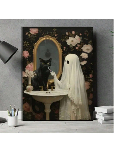 Spooky Whimsy: Cute Ghost & Black Cat Bathroom Canvas Art Print