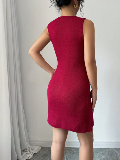 Chic Comfort: Women's Solid Color Front Zipper Sleeveless Sweater Dress