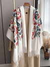 Cozy Chic: Women's Embroidered Faux Cashmere Hooded Poncho Scarf with Tassels