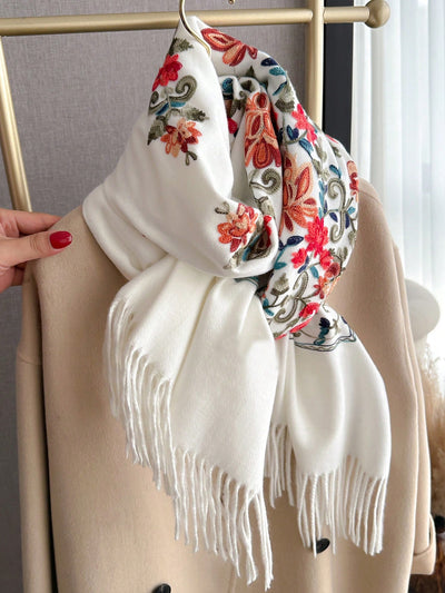 Cozy Chic: Women's Embroidered Faux Cashmere Hooded Poncho Scarf with Tassels