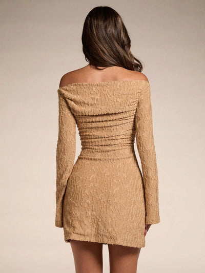 Autumn Khaki One-Shoulder Pleated Mini Dress - Elegant & Sexy Knitted Jacquard Design