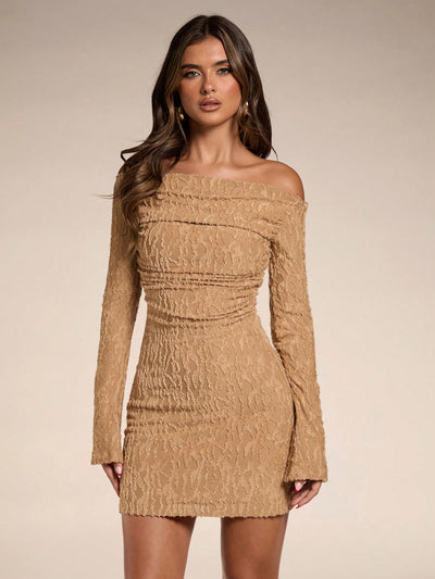 Autumn Khaki One-Shoulder Pleated Mini Dress - Elegant & Sexy Knitted Jacquard Design