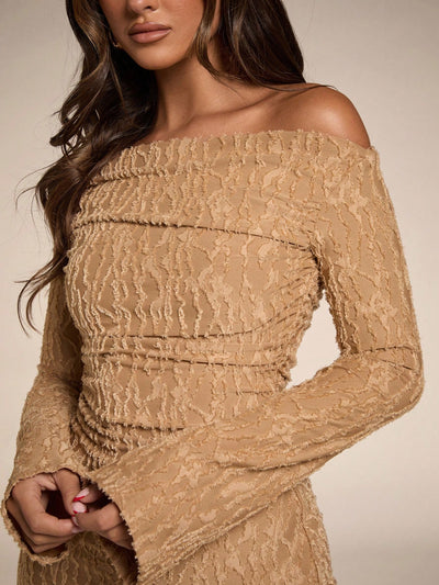 Autumn Khaki One-Shoulder Pleated Mini Dress - Elegant & Sexy Knitted Jacquard Design