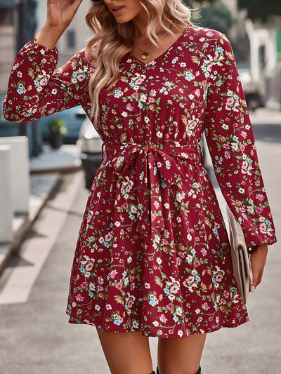 Chic Floral V-Neck Midi Dress with Waist Belt – Perfect for Every Occasion