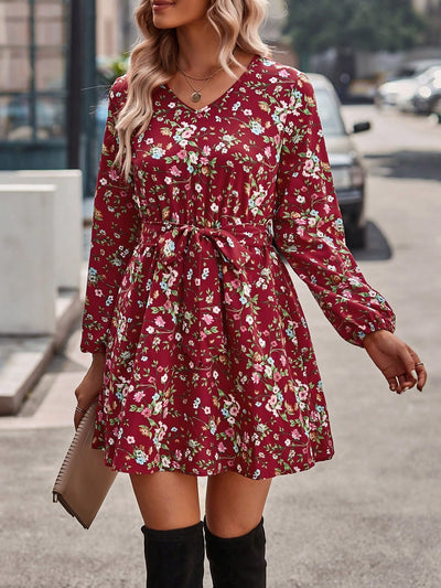 Chic Floral V-Neck Midi Dress with Waist Belt – Perfect for Every Occasion