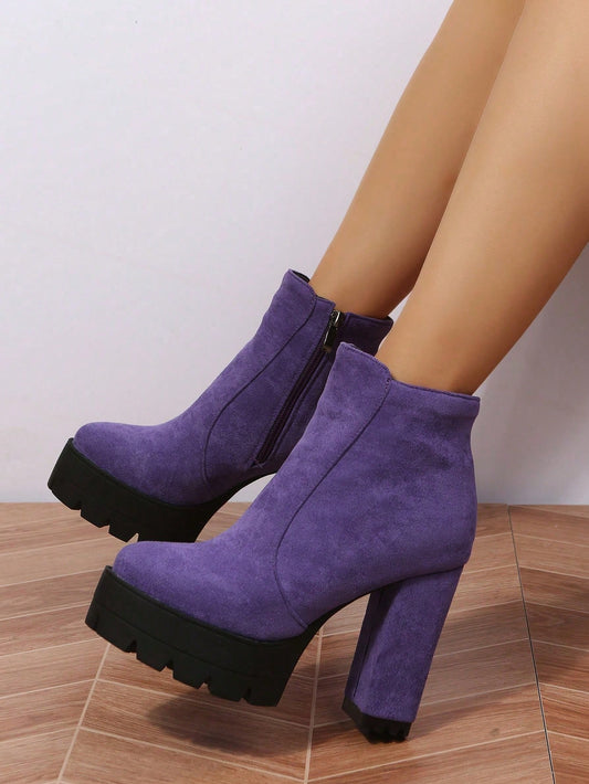 Chic & Cozy: Women's Thick Heeled Round Toe Side Zipper Boots for Autumn-Winter