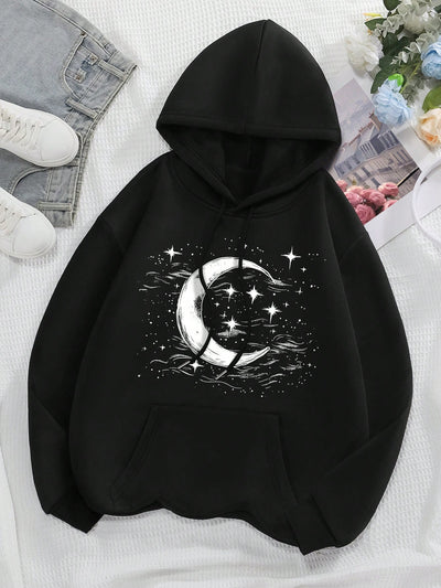 Cosmic Comfort: Women's Star & Moon Pattern Hoodie