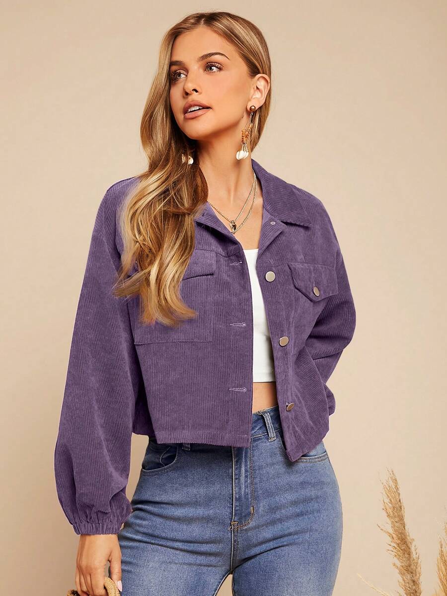 Cropped corduroy shacket in dusty purple with flap pockets