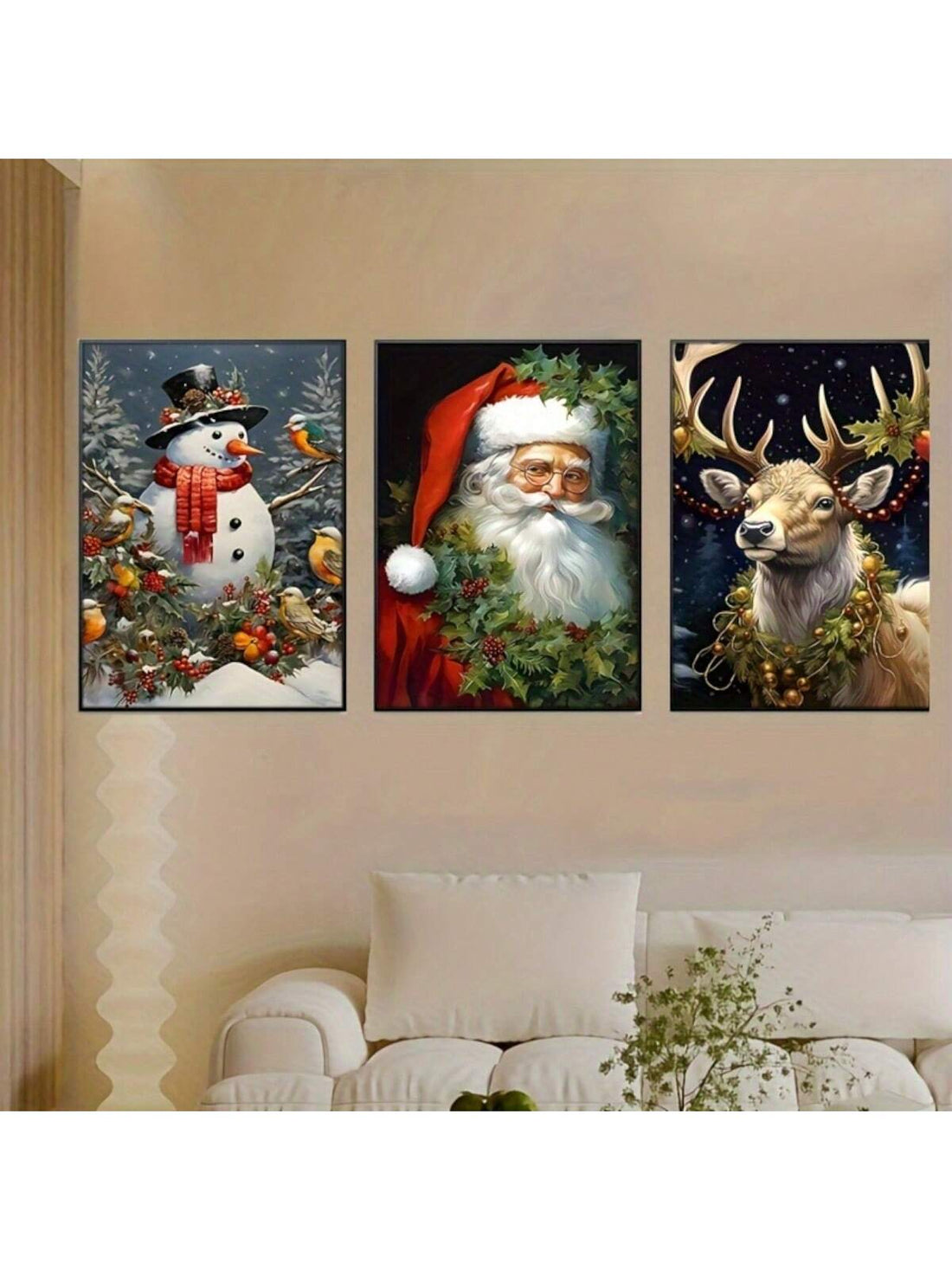 Enhance your holiday decor with our 3-piece Christmas canvas wall art set. These art deco posters feature festive prints of a snowman and reindeer, adding a touch of classic modern style to any room. Ideal for your home, office, classroom, or kitchen, these frameless art prints are a perfect addition to your indoor portrait paintings collection.