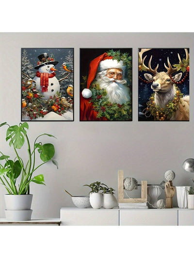 3-Piece Christmas Canvas Wall Art Set, Art Deco Classic Modern Style, Animal And Festive Print Posters, Snowman & Reindeer, Ideal Home Office, Classroom, Kitchen Decor, Indoor Portrait Paintings, Frameless Art Prints