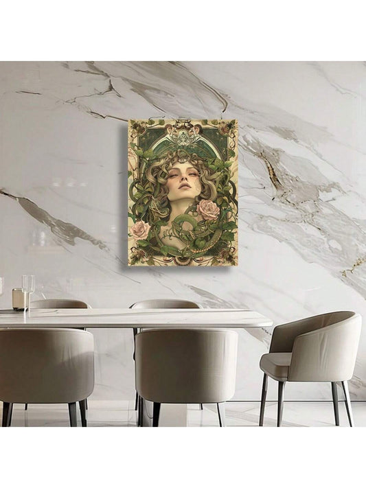 Vintage Medusa Canvas Wall Art: Snake & Rose Design for Elegant Home Décor