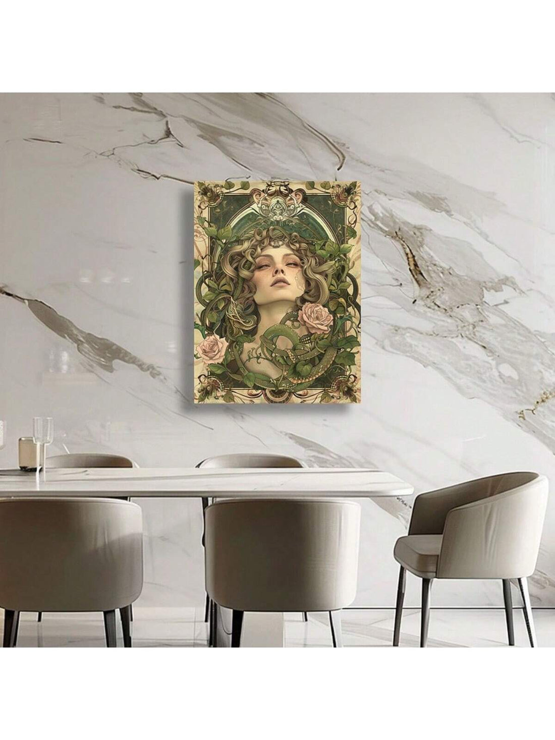 Bring a touch of vintage charm and playful mystique to your space with this Elegant Art Deco Medusa Canvas Wall Art. Featuring a captivating Medusa surrounded by swirling snakes and delicate roses, this piece adds a luxurious yet whimsical vibe to any room. Perfect for those who love bold, artistic statements with a hint of classic allure.